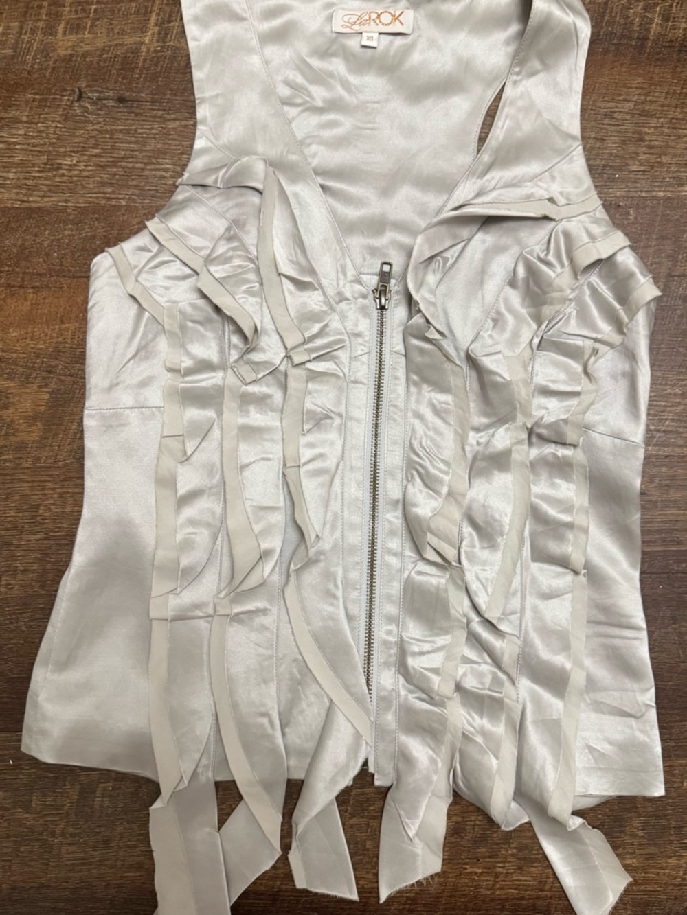La ROK Y2K Silk Blend Ruffle Zip Front Top XS Silver Statement Vest